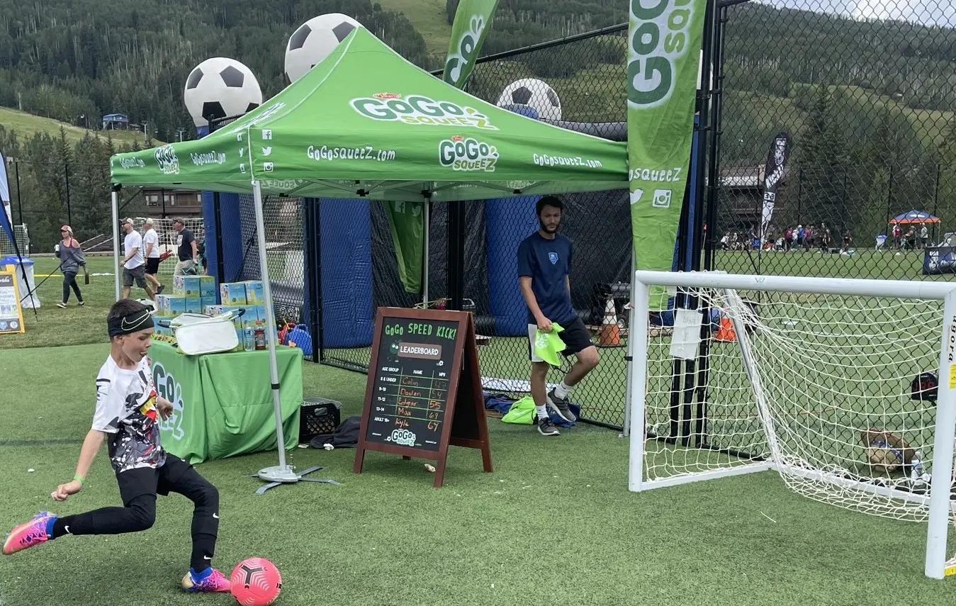 Daylen Hammon striking the ball at GoGo Squeez Speed Kick challenge in Vail