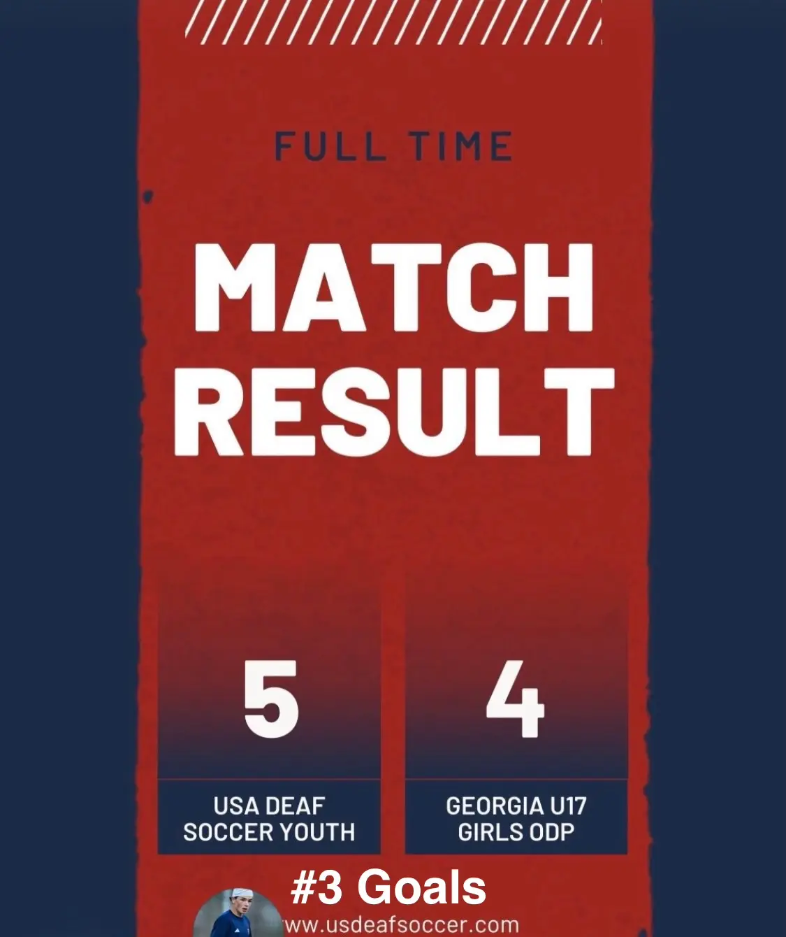 US Deaf Soccer Youth match result graphic — USA Deaf Soccer Youth 5 vs Georgia U17 Girls ODP 4, Daylen Hammon scored 3 goals, May 2026